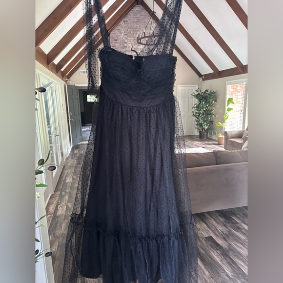 BiBi Shoulder Tie Black Dress with Sheer Polka Dot Overlay - Picture 2 of 3